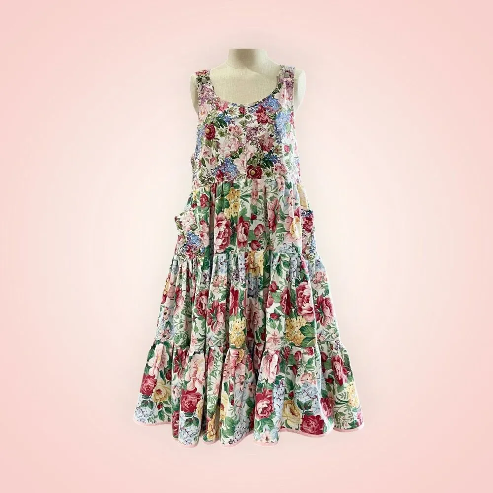 Handmade Floral Tiered Maxi Dress, patch pockets and adjustable straps, Size L - Picture 11 of 16